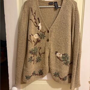 Northcrest Women's Tan Cardigan with Bird Embroidery